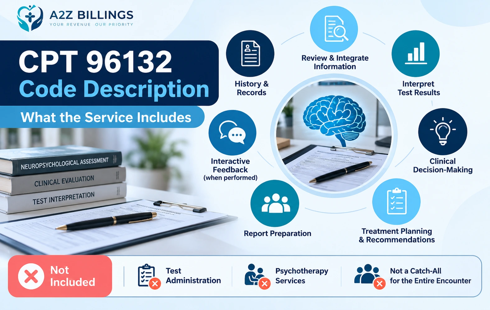 CPT 96132 code description infographic showing neuropsychological evaluation services, test interpretation, clinical decision-making, treatment planning, report preparation, and interactive feedback.