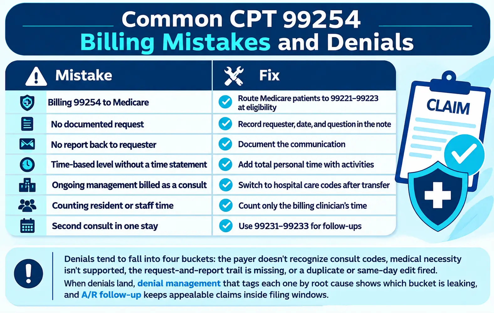 Common CPT 99254 Billing Mistakes and Denials infographic