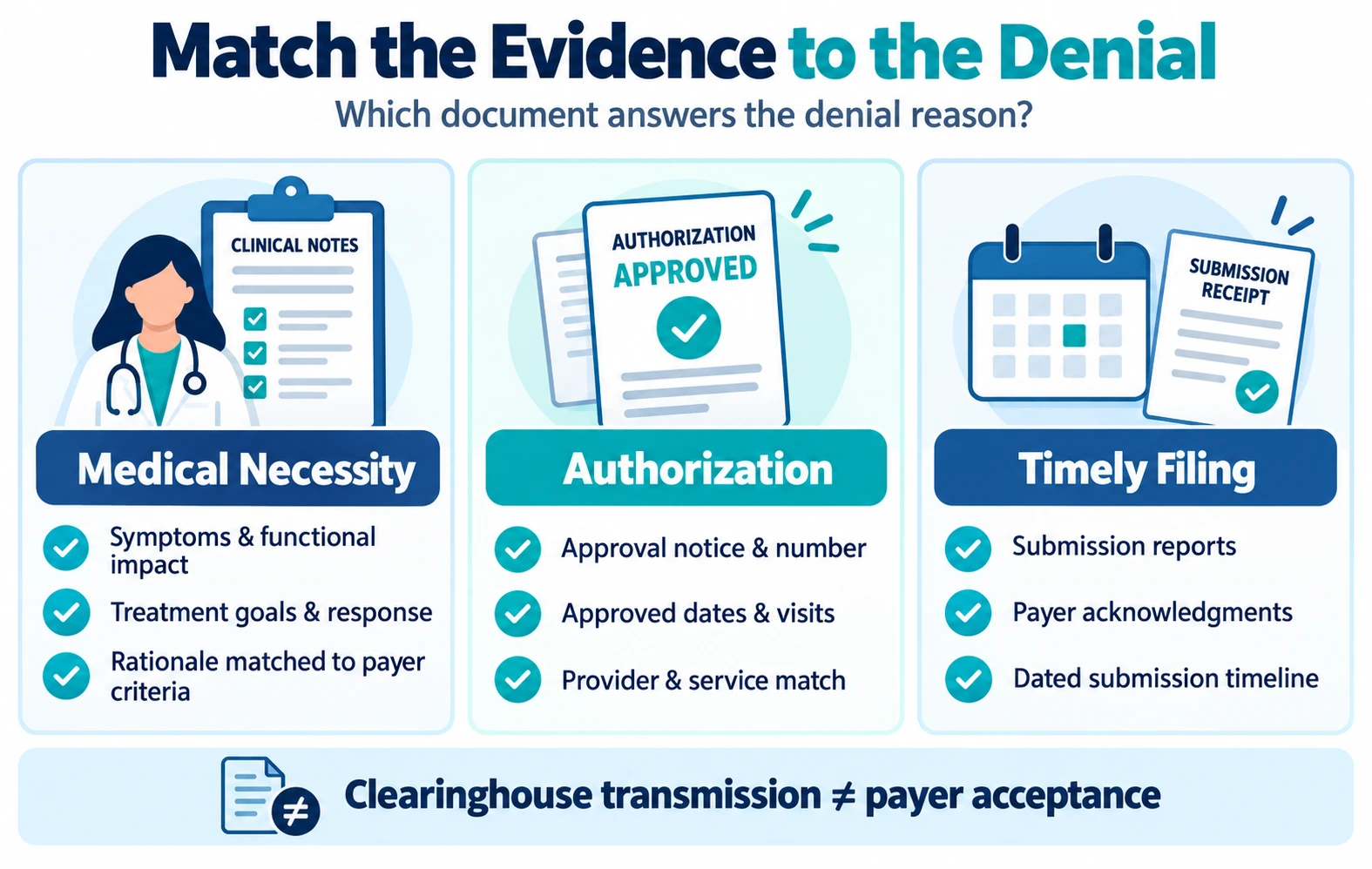 Evidence needed for psychotherapy claim appeals involving medical necessity, authorization, and timely-filing denials